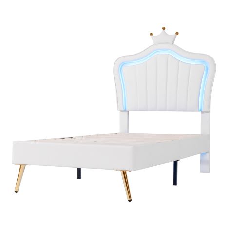 Lit enfant rembourré 90x200 cm blanc couronne cuir écologique LED sans matelas (1/5)