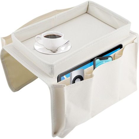 Canapé accoudoir suspendu TV télécommande organisateur canapé sac de rangement avec porte-gobelet plateau canapé plateau de rangement (Blanc) (1/5)