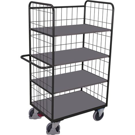 VARIOfit Etagenwagen, hoch und vergittert mit 4 klappbaren Ladeflächen 975x700mm Anthrazitgrau RAL 7016