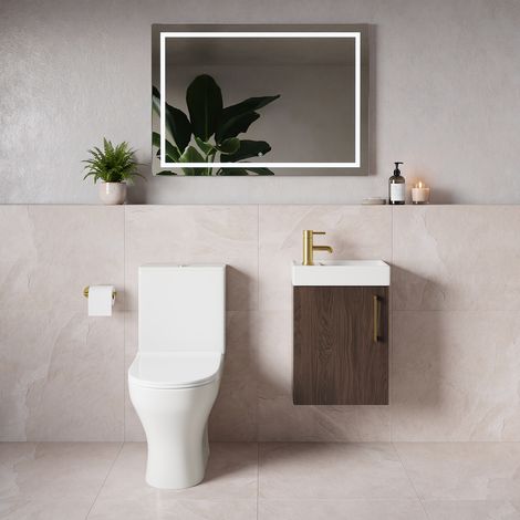 Napoli Cube Brown Oak 400mm Single Door Wall Mounted Vanity Unit and Jubilee Toilet Suite with Align Basin - 400mm - Brushed Brass 160mm Handle