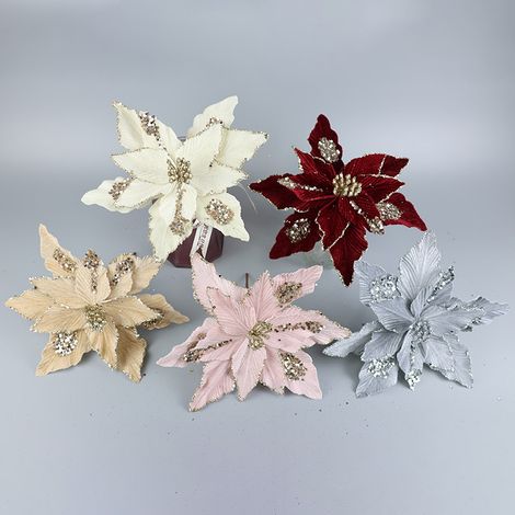 pezzi di scintillanti fiori natalizi artificiali rossi per ghirlande di Natale, decorazioni, Capodanno, matrimoni, feste, vacanze (1/5)