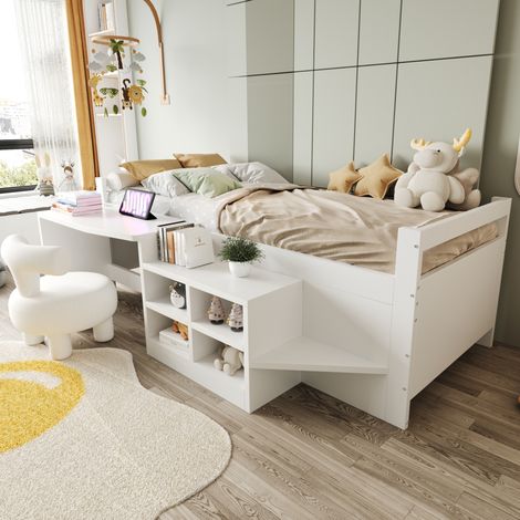 Cama infantil multifuncional 90x200 cm moderna de madera blanca con escritorio, almacenaje, puertos USB y somier de láminas (1/5)