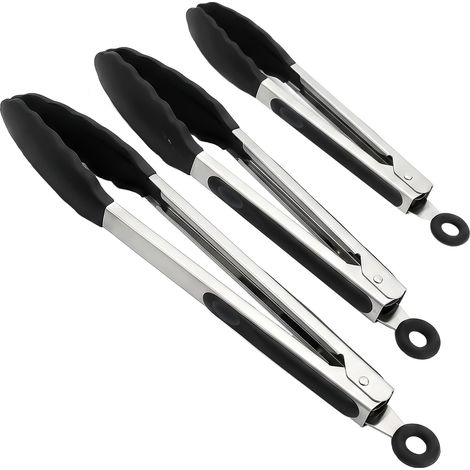 Lot de 3 Pinces de Cuisine 7/9/12 Pouces, Pinces en Silicone et Acier Inoxydable avec Système de Verrouillage, Ustensiles de Cuisine Anti-Rayures pour BBQ, Friteuse à Air, Salade, Pâtisserie (1/5)