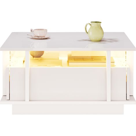 Table basse lumineuse 70x70x35cm avec éclairage led, 2 tiroirs et séparateur en acrylique transparent, design brillant gain de place, stratifié, blanc (1/5)