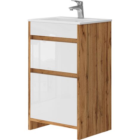 Ensemble de meubles de salle de bain Detmold, Chêne de force doré, 2 pièces, avec lavabo et 2 tiroirs, Vicco (1/5)