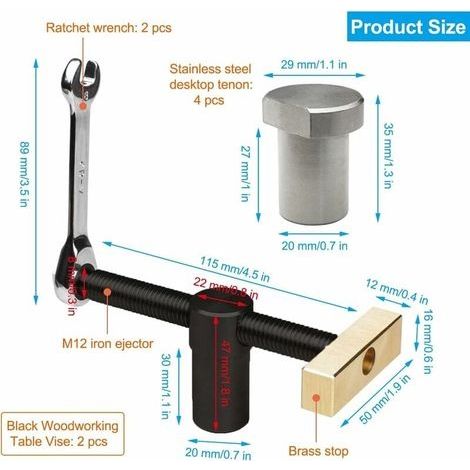 Lot de 2 Pinces Etau de Table Menuisier, Serres-Joints Rapide Etabli, Clip de Bureau Réglable avec 4 Bench Dog, Etau Perceuse Colonne Outils Menuiserie, pour Trou de 20 mm Banc Menuiserie (1/4)