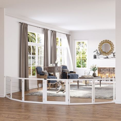 Barrera para perros plegable de madera blanca con patas 432 x 70 cm, 6 paneles, OKWISH (1/5)