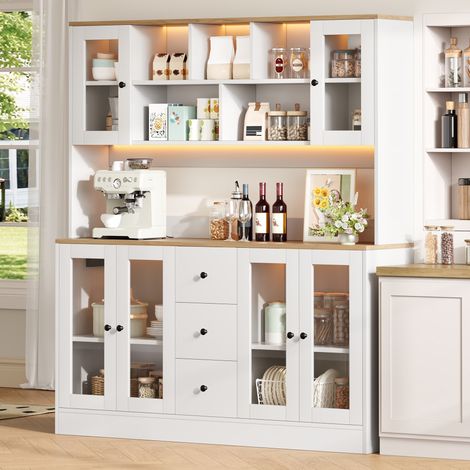 Buffet haut de cuisine 150x40x173 cm avec LED RGB, 2 prises et 2 USB, 6 portes acrylique, 3 tiroirs, étagères réglables, blanc et bois naturel (1/5)