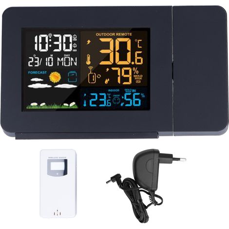 Horloge météo multifonctionnelle avec écran couleur projeté, thermomètre d'humidité portable noir, prise UE 220 V (1/5)