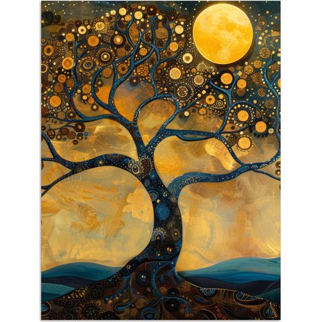 AFFICHE Arbre - Lune - Fleurs - Or - Art Décoration Murale 60x80 cm (1/4)