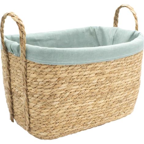 Panier à linge jonc de mer naturel, polycoton bleu 40 x 28 x 32 cm (1/5)