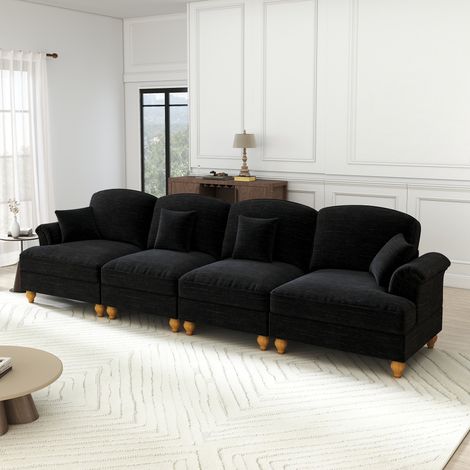 Elegantes großes 4-Sitzer Sofa im Mid-Century-Stil aus Chenille mit Trichter-Armlehnen, abnehmbarer Rüschenschürze & spindelförmigen Beinen – Komfortables Wohnzimmer-Sofa,Schwarz