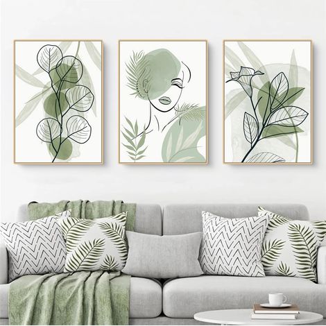 CCYKXALot de 3 posters de qualité supérieure - Motif feuilles vertes abstraites - Peinture sur toile - Impression murale Sans cadre - 40 x 50