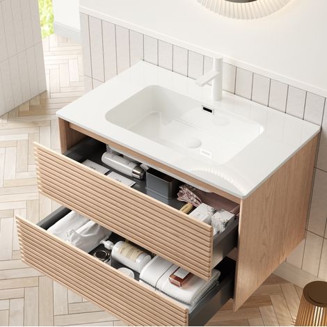 Mobile lavabo bagno in compensato e ceramica naturale/bianco 81 cm con 2 cassetti soft-close (1/5)