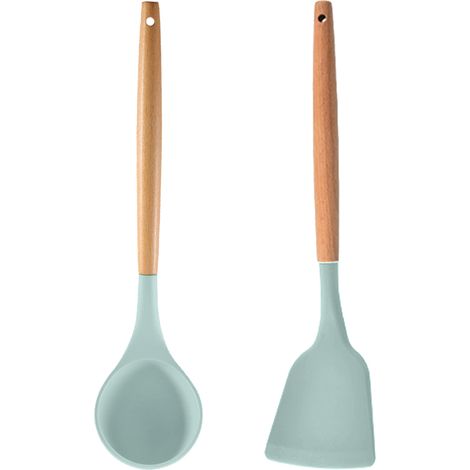 Ustensile De Cuisine - Tete En Silicone - Manche En Bois - Compatible Poêles Antiadhésives - 2 Pièces (1/5)