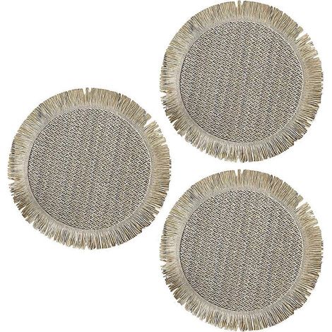 Ensemble de 3 sets de table ronds en papier tissé à la main avec bordure à pompons, antidérapants, blancs (1/5)