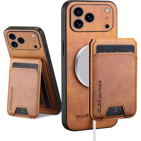 Étui portefeuille en cuir marron pour iPhone 13 Pro avec chargeur sans fil magnétique et porte-cartes intégré. (1/4)