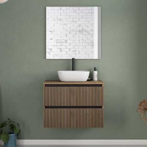 Meuble de salle de bain 60cm avec plateau et vasque à poser arrondie - 2 tiroirs - noyer (bois foncé) - VENERIA