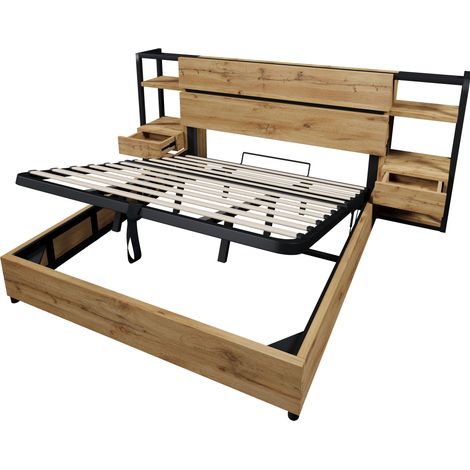 Letto matrimoniale 180 x 200 cm con contenitore, testiera con cassetti, USB e Type-C, rovere (1/5)