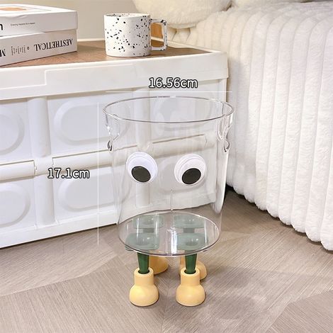 New cute transparent trash can, high-value trash can for bedroom and living room, popular online trash can, home decoration transparent trash can [small size] with eyes + feet (pine green + light yell