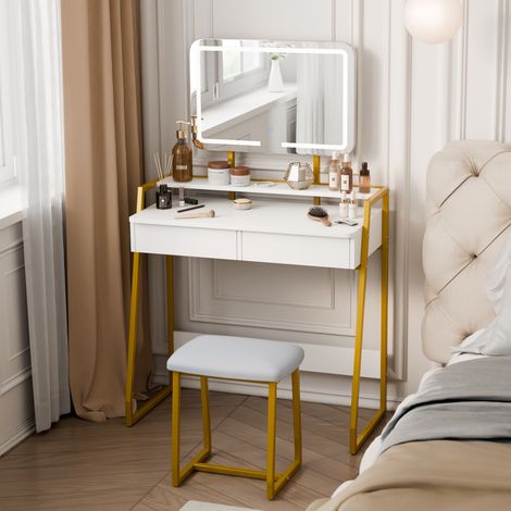 Dressing Table with LED Mirror and Stool, Vanity Makeup Table Set with 2 Drawers, White and Gold, Mondeer (1/5)