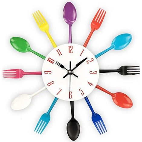 Horloge murale - COLORé - Design cuillère et fourchette - Inox - 32x32 cm - Décoration moderne (1/3)