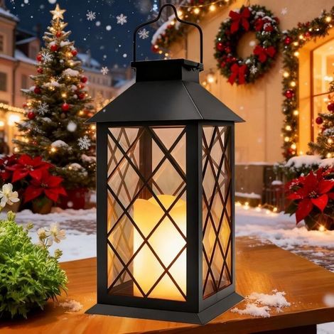 Lanterne Solaire Exterieur Grande Lampe Solaire Jardin avec Bougie, Verre Trempé, Lampe de Table Étanche Suspension Lampe, Solaire Exterieur a Poser pour Balcon Jardin Terrasse Deco - Noir (1/5)