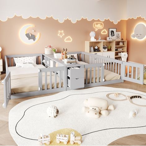 Letto bambini doppio moderno 2x90x200 cm in legno grigio, con sponde alte, 2 cassetti e scaffale centrale (1/5)