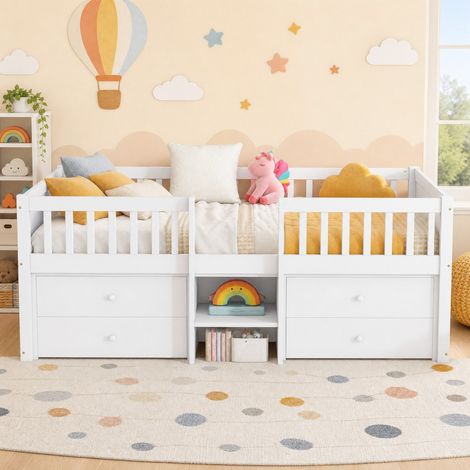 Letto a soppalco per bambini 90x200 cm in legno bianco con contenitore, salvaspazio FloraGrace (1/5)