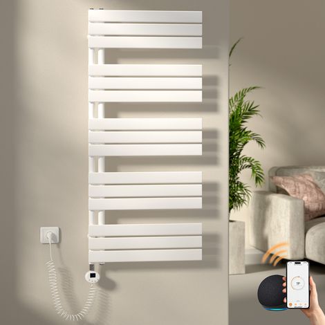 Elektrischer Handtuchheizkörper 1320 x 600 mm, 800 W, WiFi, Heizstab mit Thermostat, Weiß – S'AFIELINA