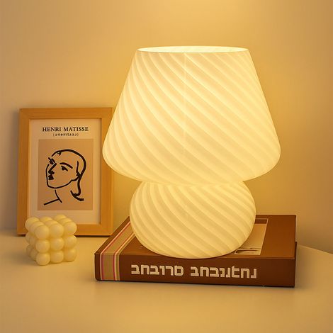 Relaxdays Tischlampe, Pilz Design, Glas, E27, batteriebetriebene Nachttischlampe, HxD: 24 x 16 cm, Touchfunktion, weiß