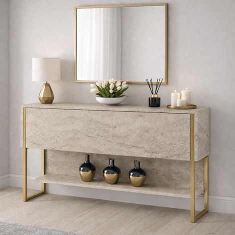 Modern Sideboard Travertin Luxus 120x80x30 - Goldrahmen - Ein