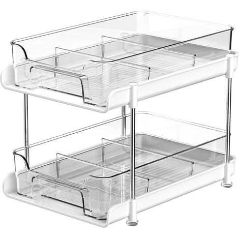 Blanc Rangement sous evier 2 étages, Organisateur Placard Cuisine, Organisateur sous Evier Tiroir Coulissant à Extraction, Plateau Coulissant Cuisine, Multifonction Rangement salle de bain