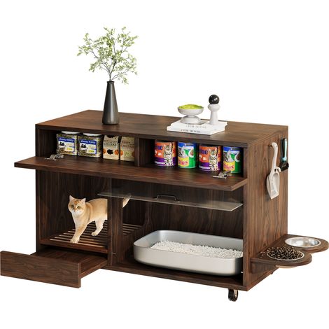 Mobile Multifunzione per Gatti con Lettiera e Area Cibo 100x45.5x67 cm, con Ruote, Pannello Forato e Vaschetta, MDF, Noce (1/5)