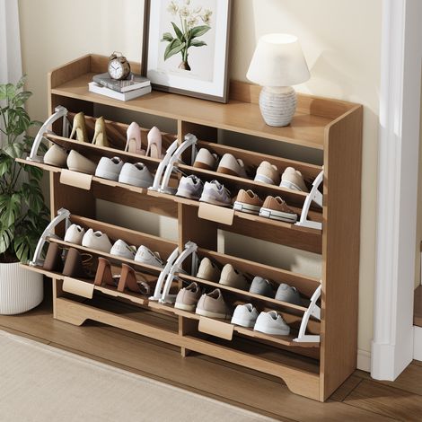 Meuble à chaussures 105x24x90 cm en MDF naturel, 4 abattants, gain de place pour entrée FloraGrace (1/5)