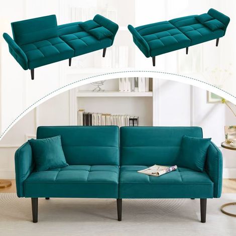 Canapé-lit - 2 places modulable - Velours anti-tâche - Accoudoirs rabattables - Bleu-vert antique