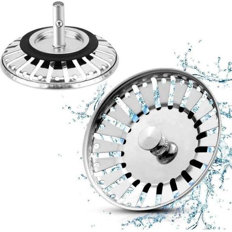 Bouchons d'évier de cuisine en acier inoxydable (lot de 2) : bouchon, crépine et filtre de vidange avec embout sphérique (84 mm de diamètre). (1/4)