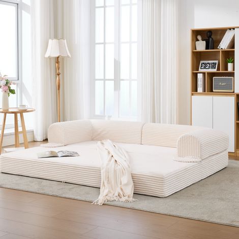Divano letto 2 posti 190x78x65 cm beige convertibile, tessuto a coste, senza materasso MEUBLIV (1/5)