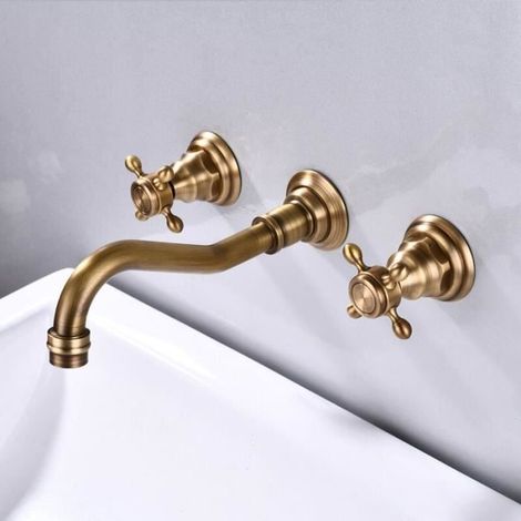 Robinet mitigeur mural pour lavabo de salle de bain 3 trous - YYV - couleur antique - en laiton - économie d'eau (1/4)