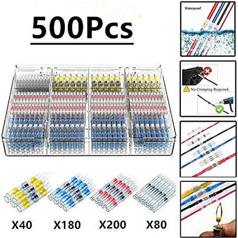 500 Pcs Solderable Electrical Terminals with Heat Shrink Tubing, Maidodo Heat Shrinkable Butt-to-Butt Seal Insulated Waterproof Electrical Connectors for Marine, Automotive, and Copper