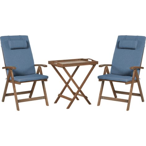 Conjunto de balcón rústico de acacia maciza natural mesa y 2 sillas plegables con cojines azules Amantea Premium