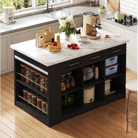 Isla de cocina 150/90/90 cm en negro y blanco con mesa extraíble, cajones y almacenaje (1/5)