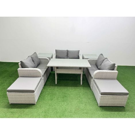 Fimous 8 Seater PE Wicker Rattan Furniture Sofa Sets with Rectangular Dining Table 2 Seater Love Sofa 2 Big Footstool 2 Side Table Light Grey (1/4)
