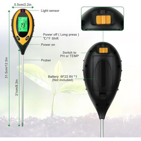 Testeur de Sol 4 en 1 pH-mètre, Testeur de Thermomètre de Plante Numérique avec Éclairement/Température/PH du Sol/Humidité du Sol, Jardin Hygromètre 4 en 1 Testeur de Sol (No Battery) (1/3)