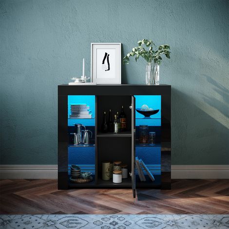 SONNI LED Aparadores Armario con 1 puerta, compartimento abierto, cristal templado ajustable Armario de cocina, 90x35x83cm, Negro (1/5)