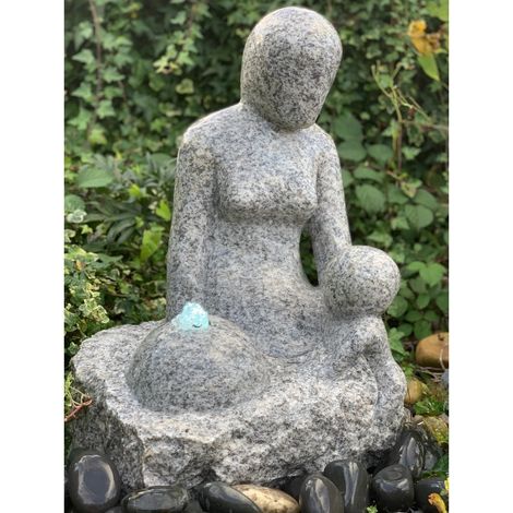 Mother & Baby Fountain Grey Granite Water Feature with Pump, Light, Reservoir and Grid - 60cm H
