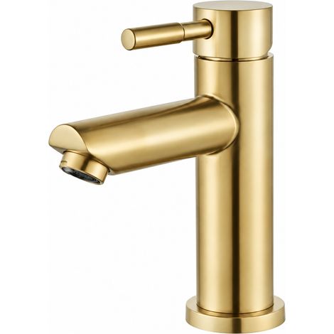 Mitigeur Lavabo Inox 304 Doré Brossé Modèle Bas à Bec Droit Monotrou Eau Chaude Froide 29 × 21 × 6,5 cm 1,412 kg – Livraison gratuite (1/4)