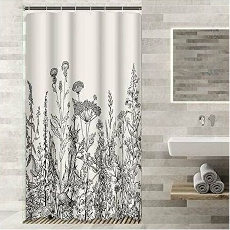 INHHUB 90 180 cm Duschvorhang für Wohnmobilstall, Blumenbordüre, Kräuter und Wildblumen, botanische Vintage-Gravur, schwarzes wasserdichtes Polyestergewebe, Set mit Haken – INHHUB