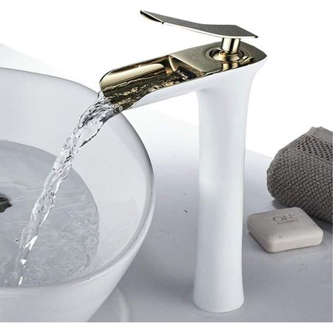 EASYCOMFORT Mitigeur robinet de lavabo cascade pour salle de bain, poli doré et blanc (haut) (1/5)