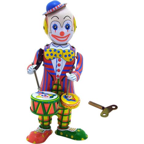 Clown de table en tôle à remonter, figurine décorative de clown batteur, cadeau pour enfants, maison ou bureau. (1/3)